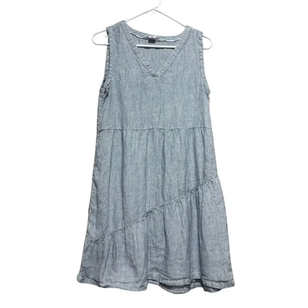 Lucky Brand 100% Linen Blue White Striped Sleeveless Tiered V-Neck Dress Size S - Picture 1 of 7